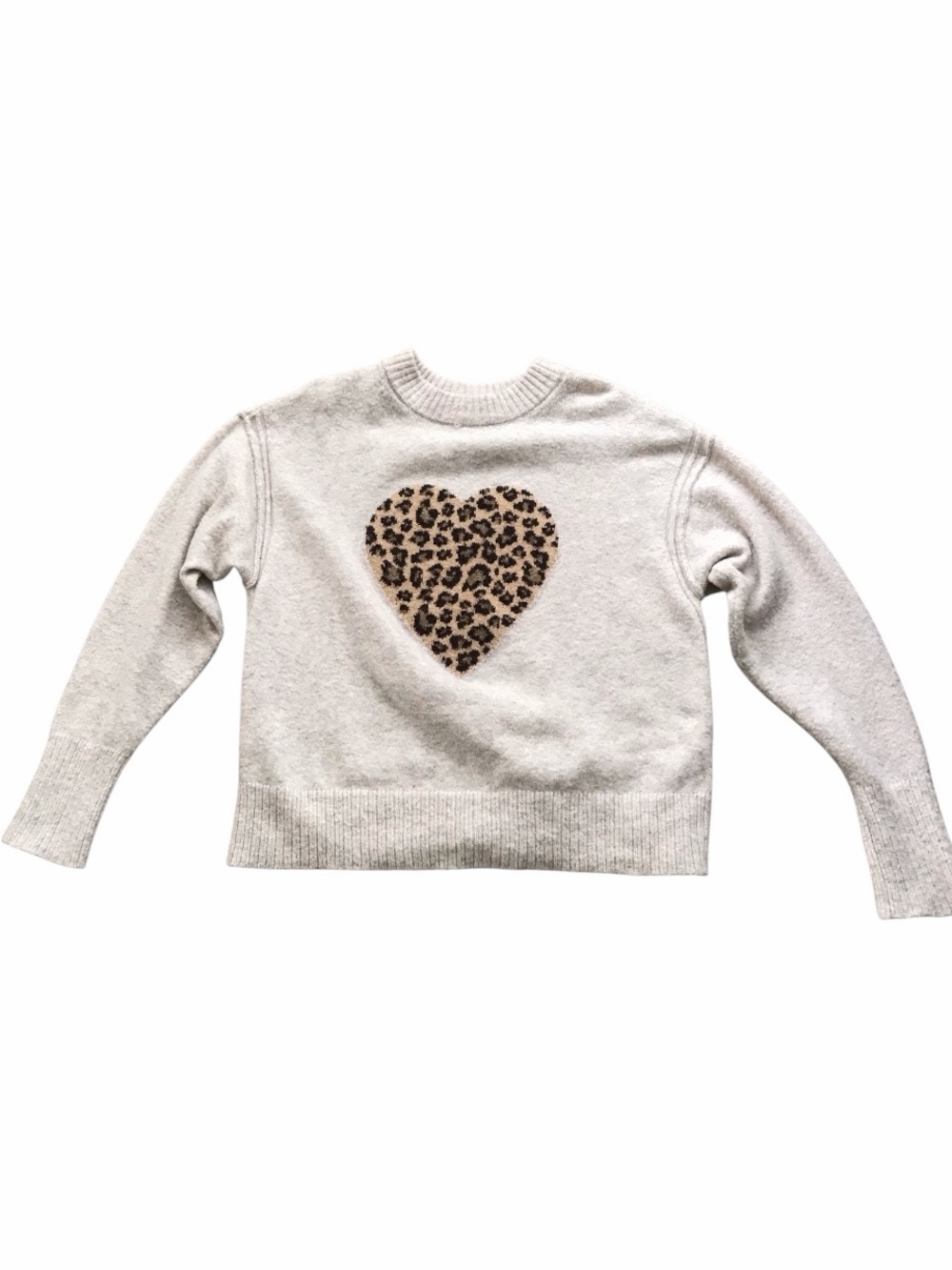 Women’s American Eagle Cream Crewneck Sweater with Leopard Heart, S